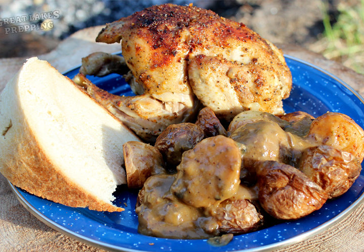 Dutch Oven Cornish Hens with Crispy Potatoes & Gravy